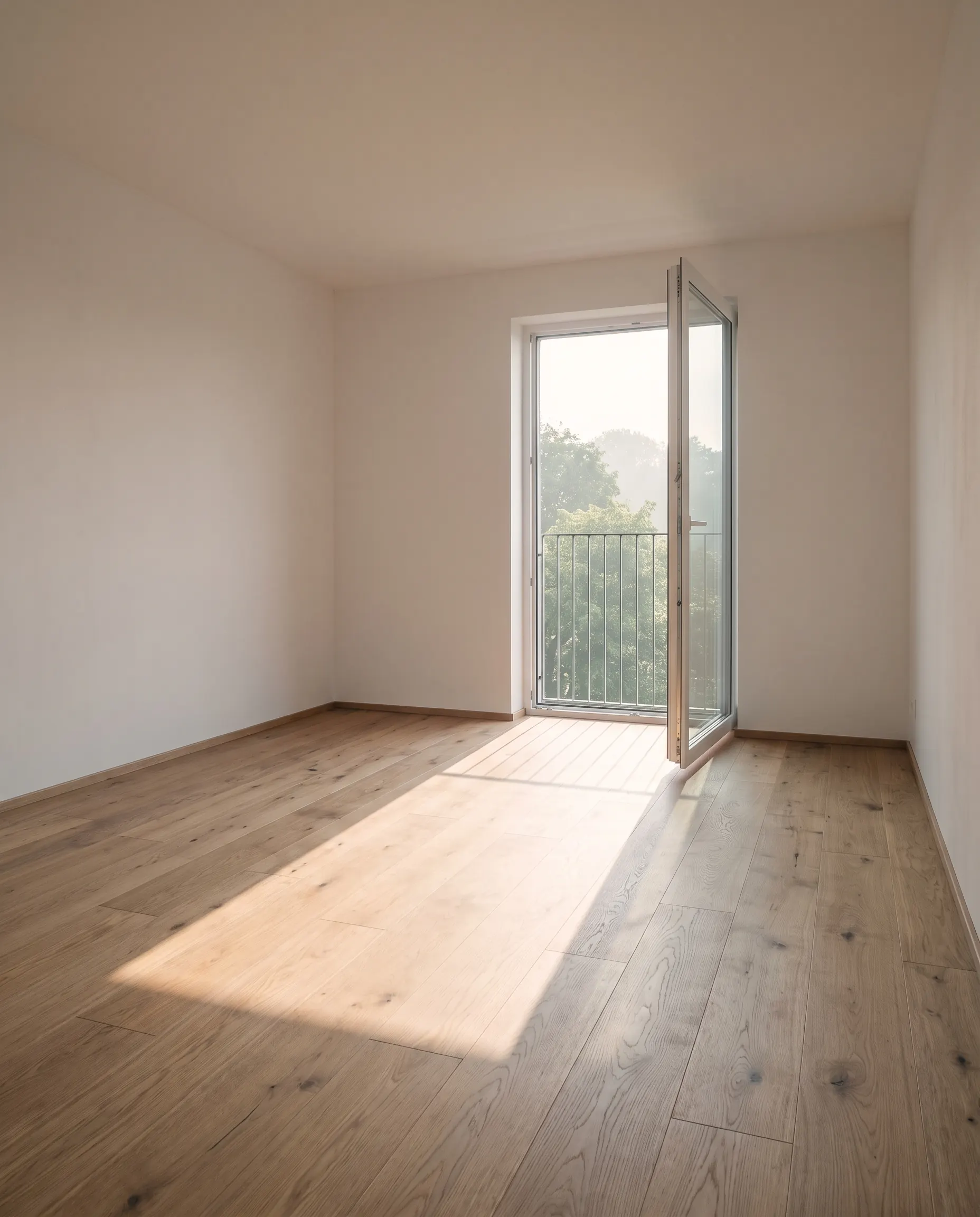 Leere Neubauwohnung mit Eichenparkett und offener Balkontür im Morgenlicht